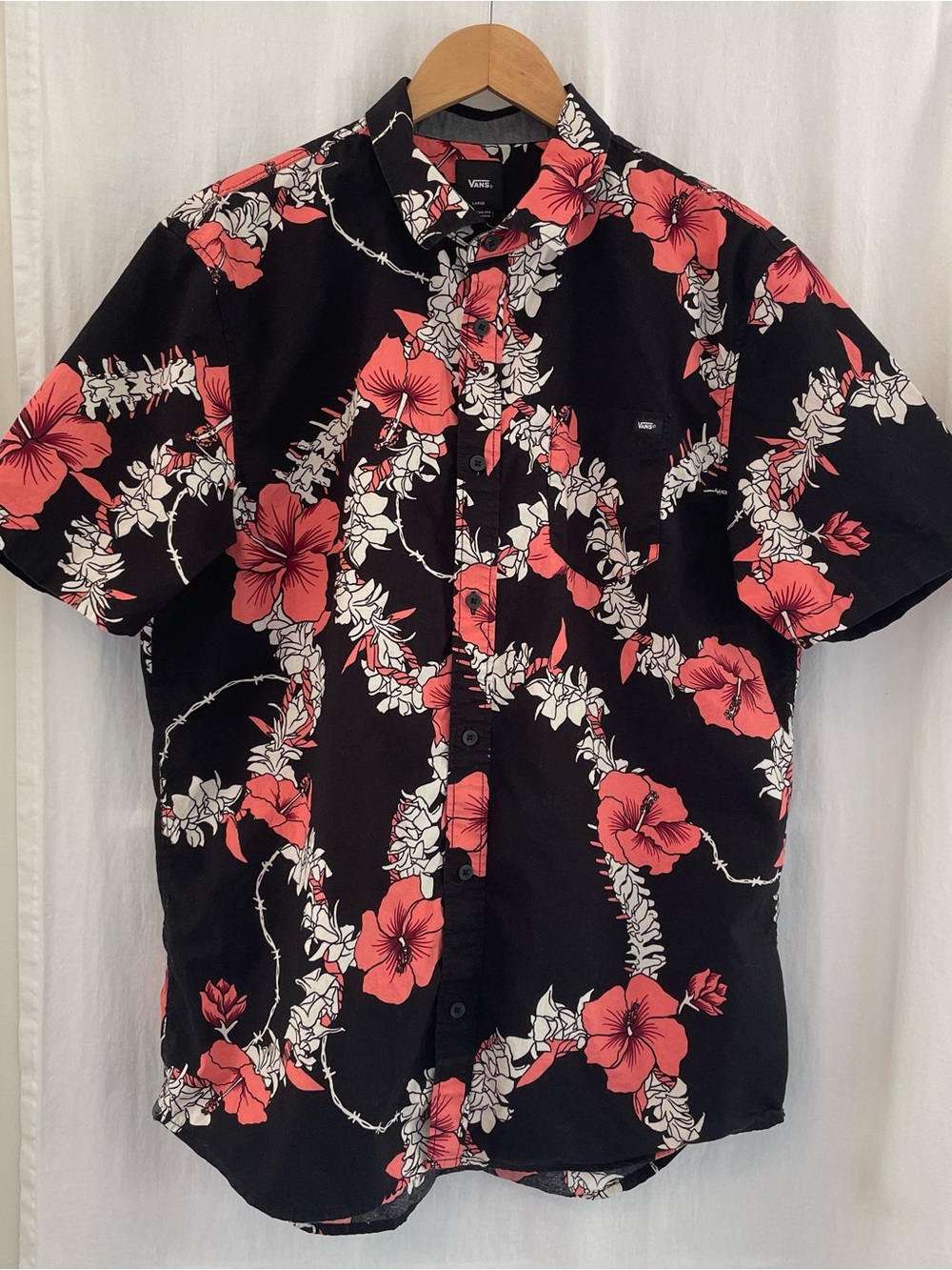 Vans Black Button-Up Shirt with Pink and White Floral Print